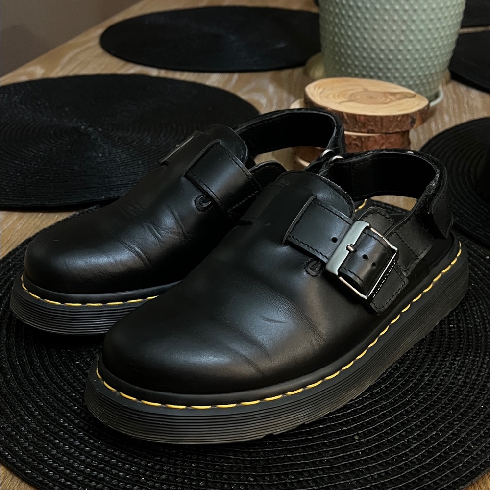 Dr. Martens Black Mules with Yellow Stitching
